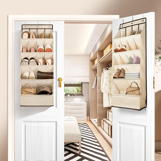 FENTEC 1 Pack Over the Door Shoe Organizers, Hanging Shoe Organizer with Large Deep Pocket Shoe Holder for Closet Shoe Rack for Wall, Over Door Shoe Storage Hold up to 18 Pairs Shoe, Beige