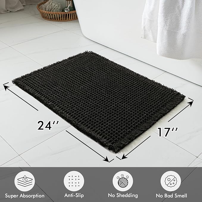 MIULEE Set of 2 Waffle Bathroom Rugs, Boho Bath Rugs Non Slip Washable, Super Absorbent Bath Mats, Ultra Soft Rubber Backed Shower Mats for Bathroom Floor, Tub and Shower, Black, 17x24 Inch