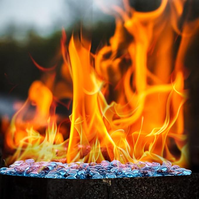 DomeStar 10LB Blue Fire Pit Glass Rocks, Reflective Round Glass Beads for Natural Propane Fire Pit Landscaping