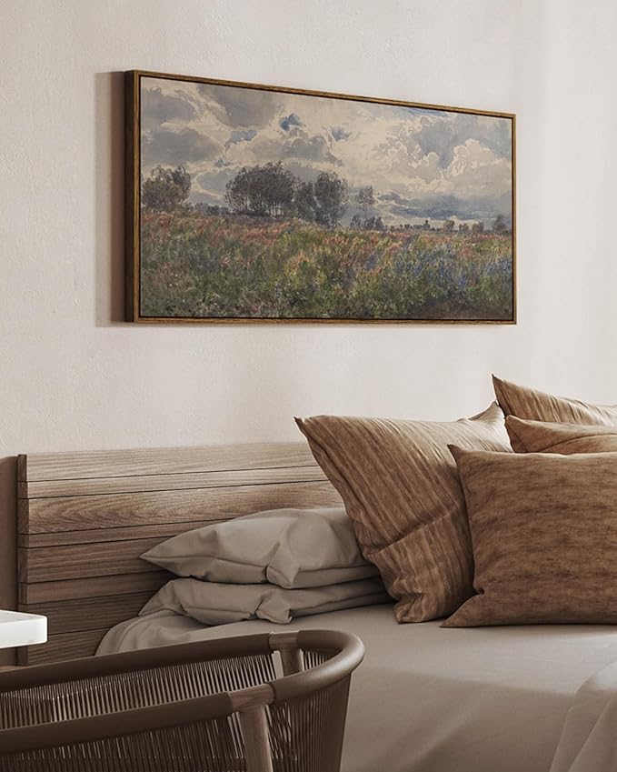 InSimSea Extra Large Framed Vintage Wall Art, Living Room Farmhouse Decor, Watercolor Flower Sky Field Landscape Paintings Canvas Prints, Scenery Long Picture for Bedroom Above of Bed,20x40inch