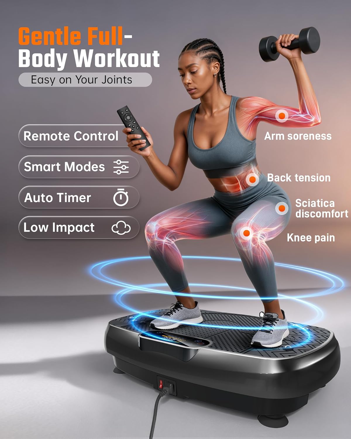 Renoj Vibration Plate Exercise Machine - Full Body Workout Vibrating Platform with LED Display, Speaker & 2 Bands | Black
