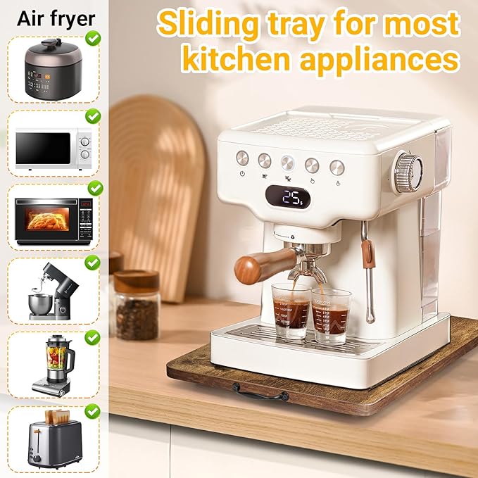 360° Rotatable Sliding Tray for Kitchen Appliances, Wooden Sliding Tray for Coffee Maker, Coffee Pot Slides for Countertop Installation, Easy to Slide (Brown, Large)