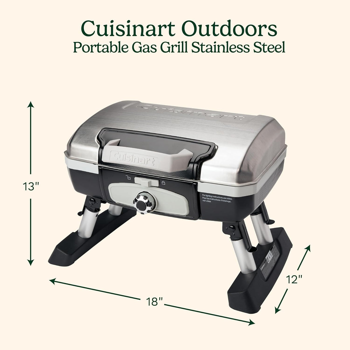 Portable Cuisinart Petite Gourmet Gas Grill - Compact 150 Sq. In. Propane BBQ with 5,500 BTU Burner, Folding Legs & Carry Handles