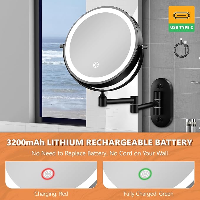 Auxmir 8'' Wall Mounted Lighted Makeup Mirror, 3200mAh Rechargeable