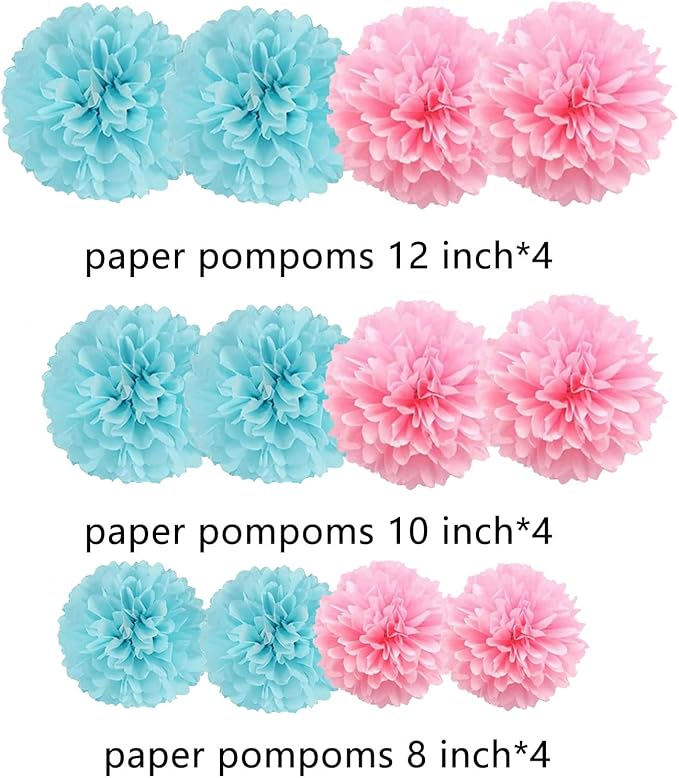 We Moment Tissue Paper Pom Poms Decorations - Pink & Blue Paper Flowers 12 pcs - Gender Reveal Party Decorations for Baby Showers
