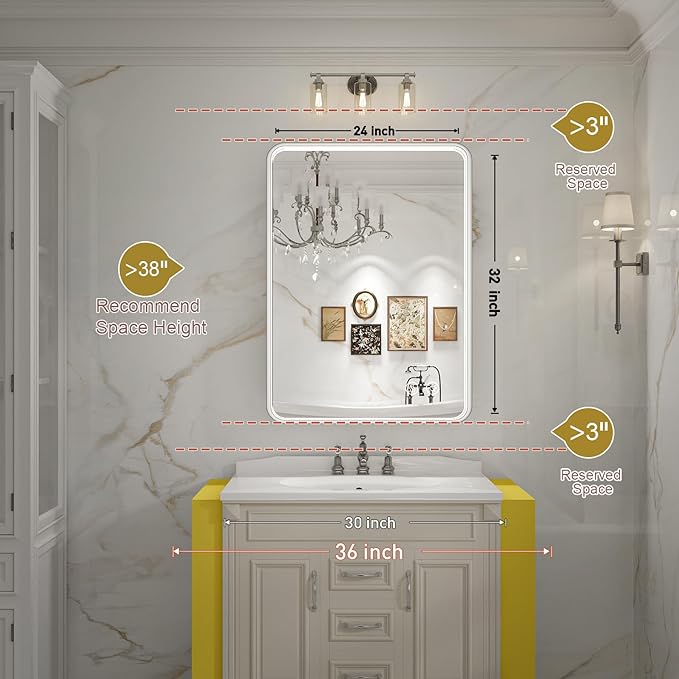 LED Bathroom Mirror with Lights, 24x32 Inch Brushed Silver Framed Lighted