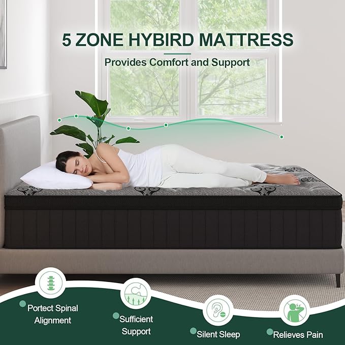 Full Mattress, 14 Inch Hybrid Mattresses Bed in a Box with Gel Memory Foam & Pocket Spring, Euro Top, Medium Firm for Back Support & Pressure Relief, Motion Isolation, Grey