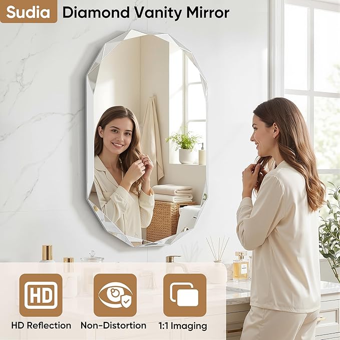 Suidia Bathroom Mirror, Frameless Bathroom Mirror
