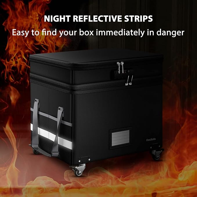 DocSafe Fireproof Document Box with Lock,2-Layer File Box with Wheels,Collapsible File Storage Organizer with Pockets,Large Portable Home Filing Cabinet for Hanging Folders,Black,16''x13.8''x12.2''