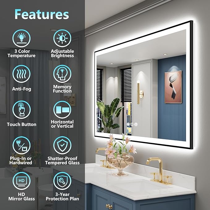 60x40 Black Framed LED Bathroom Mirror
