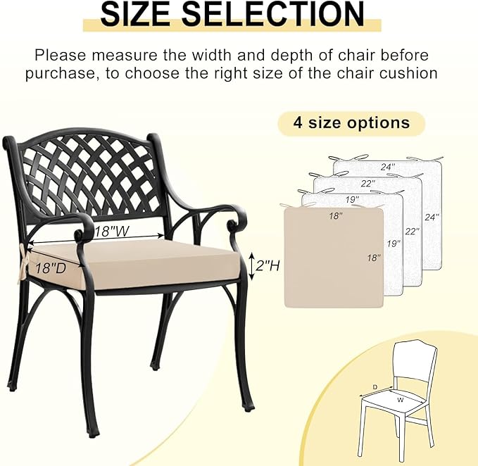 downluxe Waterproof Outdoor Chair Cushions for Patio Furniture, 18" x 18" x 2" Patio Chair Cushion with Adjustable Ties & Portable Handle, Square Outdoor Cushion with Removable Cover, Beige, 2 Pack