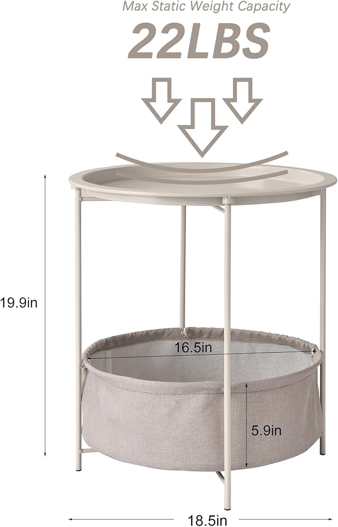VECELO Round Side/End Table with Fabric Storage Basket，Metal Anti-Rust and Waterproof Small Bedside Nightstand with Removable Tray Top for Living Room，Balcony & Laundry，Grey /1pcs with Basket
