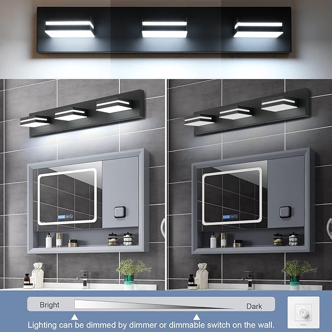 SineRise LED Modern Bathroom Vanity Light Fixtures, Dimmable Matte Black Modern
