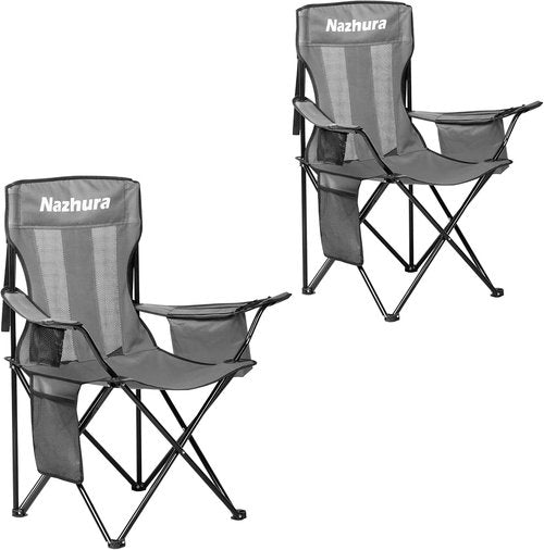 Nazhura Outdoor Camping Chairs - Portable Folding Design with Cooler Pouch & Cup Holder | Grey, 2 Pack