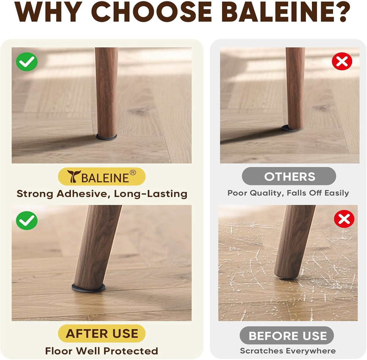BALEINE 300PCS Felt Furniture Pads, Multi-Size Felt Pads for Chair Legs, Tables, Beds, Scratch-Reducing Floor Protectors for Hardwood Floors, Tile, Vinyl, and Laminate (300PCS, Black)