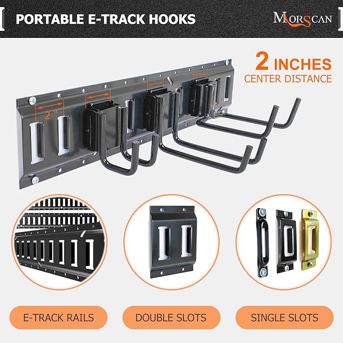 10-Pack E-Track Double Fitting J-Hooks, 4" Wide & 5.5" Deep Stable E Track Double J Hooks with Dual Fittings, Heavy Duty Shovel Hanger for Trailers, Trucks, Garden Tools Organizers Storage