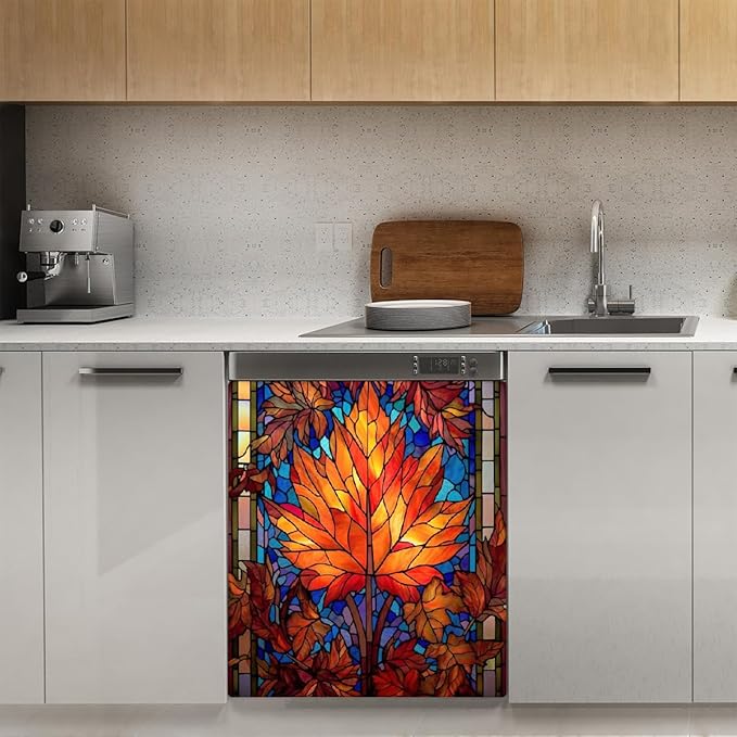 Autumn Gold Glass Maple Dishwasher Magnet Cover for The Front Magnetic Dishwasher Door Covers Dish Washer Sticker Wrap Home Decorative Appliances Panel Decal Kitchen Decor 23" x 26" (Magnetic)