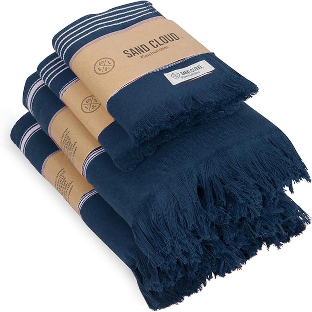 Sand Cloud Turkish Bath Towels Bundle for Bathroom, Set of 4 (Classic Navy) - Large Size - 100% Certified Organic Cotton Yarn is Lightweight, Soft & Absorbent - Premium Bath & Hand Towels Dry Faster