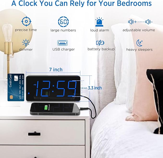 Peakeep Digital Alarm Clock for Bedroom Bedside, Loud Alarm Clock for Heavy