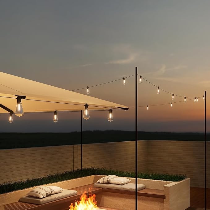 Outdoor String Lights 48 ft, LED Patio Lights with 16（15+1 Spare S14 Shatterproof Bulbs, IP 65 Waterproof, Outside Hanging Light for Cafe Bistro Backyard