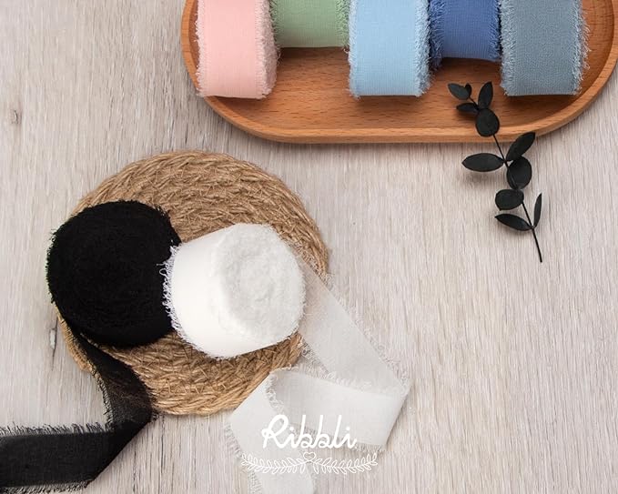 Ribbli White Ribbon 1 Inch x 3 Rolls Total 24 Yards Handmade Fringe Chiffon Silk Ribbon for Wrapping Wedding Invitations Bridal Bouquets DIY Crafts Home Decor