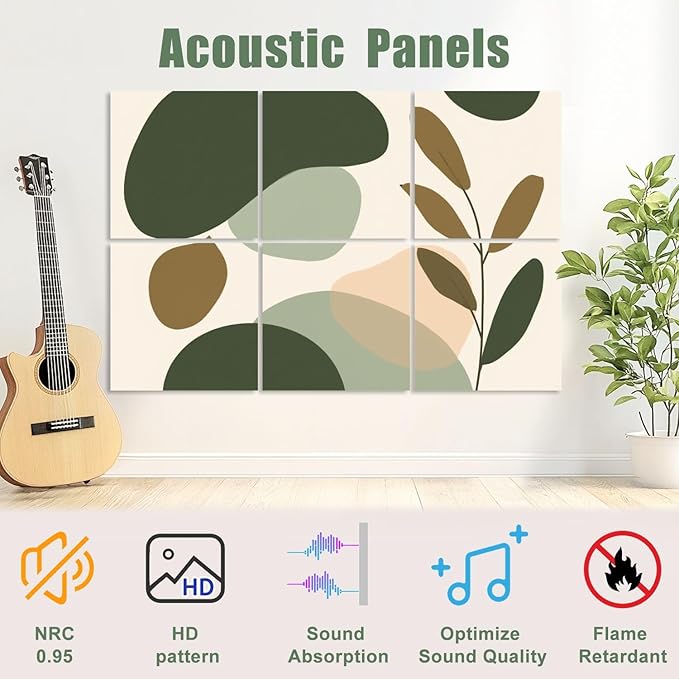 6 Pack Art Acoustic Panels Sound Absorbing Boho Botanical Leaf Orange Green