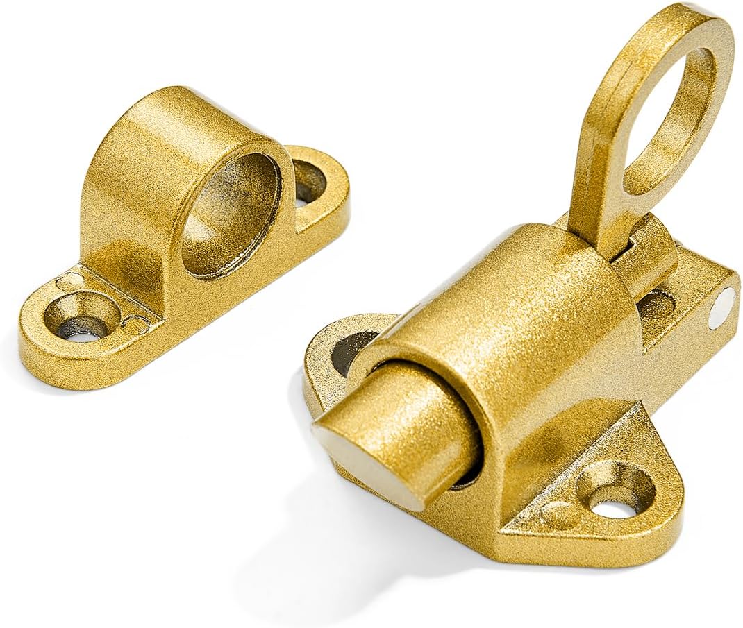 2 Packs Self-Closing Latches，Gold Spring Door Lock，Resilient Bolt Latch Aluminum Alloy Safety Automatic Spring Barrel Slide Door Lock with Screws,Used for Gate,Window and Cabinet etc