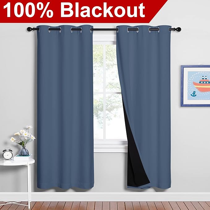 NICETOWN 100% Blackout Curtains Thermal, Stone Blue, 1 Pair, W37 x L70
