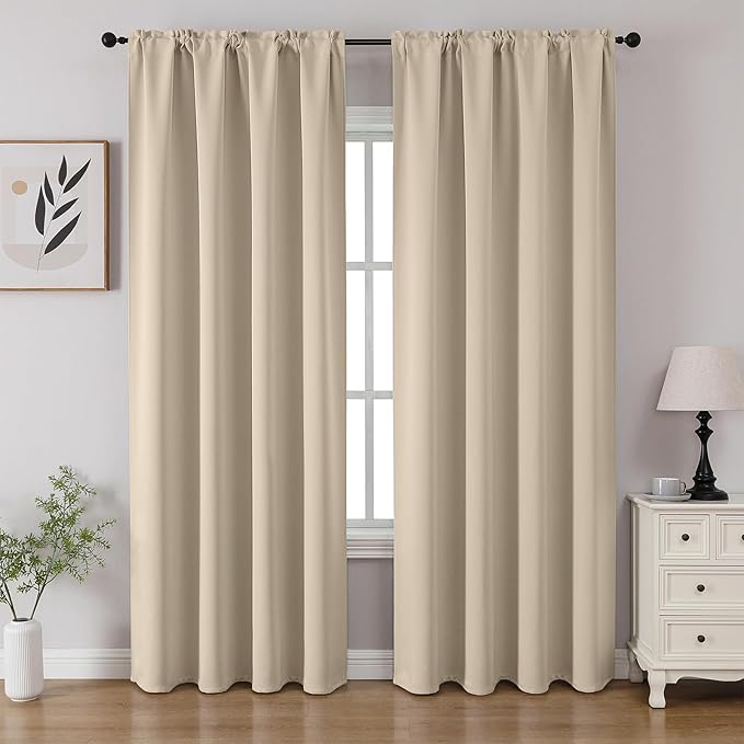 CUCRAF Light Beige Blackout Curtains 72 inch Length 2 Panels Set, Rod Pocket