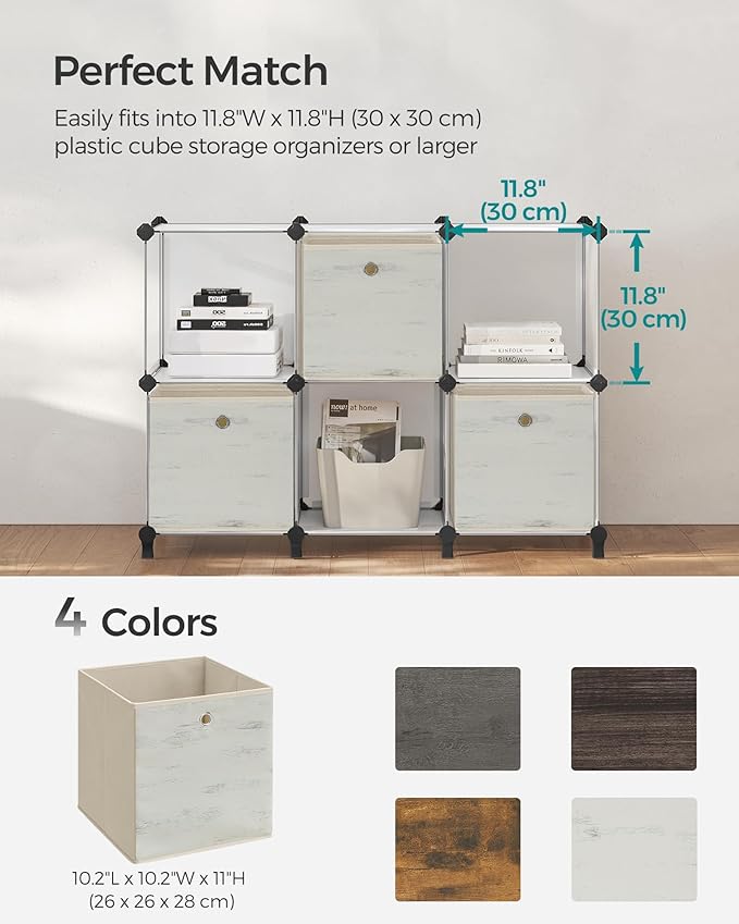 SONGMICS Storage Cubes, Set of 6 Storage Bins with Handles, Foldable Oxford Fabric and Non-Woven Fabric Storage Boxes, 10.2 x 10.2 x 11 Inches, Fit Cube Storage Unit, Vintage White URFB126W01