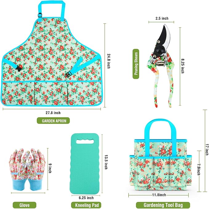 Garden Tools Set, JUMPHIGH 10 PCS Heavy Duty Gardening Tools Includes Hand Trowel Rake Weeder Pruner, Gardening Gifts for Women, Garden Kit with Tote Bag, Apron, Gloves, Kneeling Pad