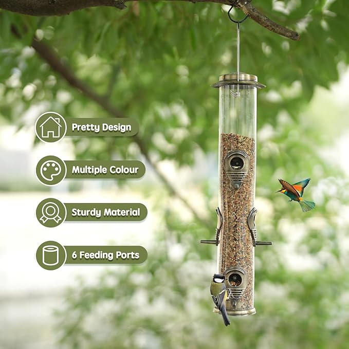 MIXXIDEA 1PK Metal Wild Bird Feeder,Squirrel Proof Bird Feeders for Outside,Hanging 6 Port Tube Bird Feeder Transparent Finch Bird Feeder for Attracting Birds in Your Lawn, Garden, Balcony-Bronze