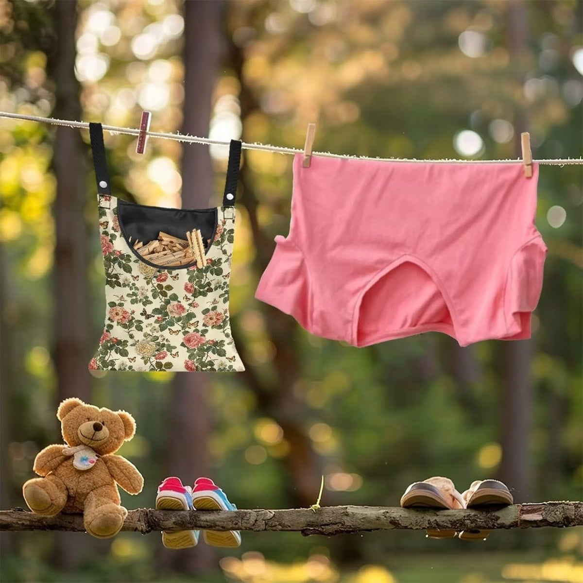 Floral Clothes Pin Hanging Bag with Hanging Rope 14.5 X 12 Inch Clothespin Bag for Clothes Pins and Clothespins - Heavy Duty Outdoor Use