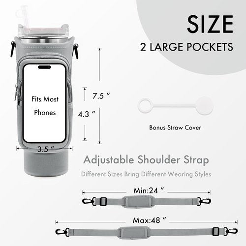 JEBEALUO Water Bottle Carrier Bag with Phone Pocket for Stanley Cup 40/30 oz, Water Bottle Holder with Adjustable Strap& Straw Cover, Stanley Cup Accessories