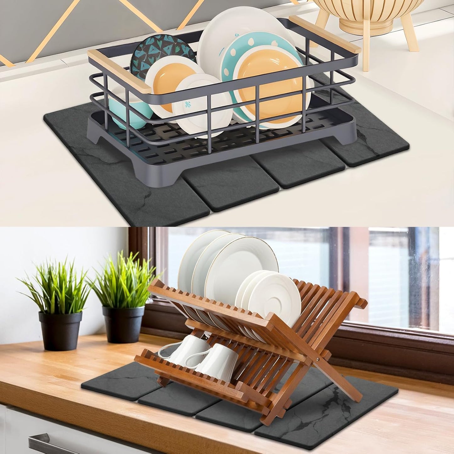 2 PCS Large Stone Dish Drying Mat for Kitchen Counter Quick Dry Stone Dishes Mats Marbled Water Absorbing Diatomaceous Earth Drying Pad for Countertop Bottles Utensils Cups (Dark gray 24"x16"&8"x4")