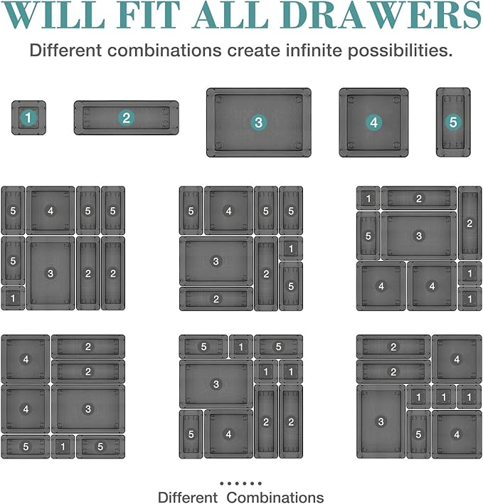 16 PCS Drawer Organizer Set, 5 Varied Size Bathroom and kitchen Drawer cabinet organizer Trays, Clear Storage Bins for Makeup, Jewelry, Utensils and Gadgets, Black