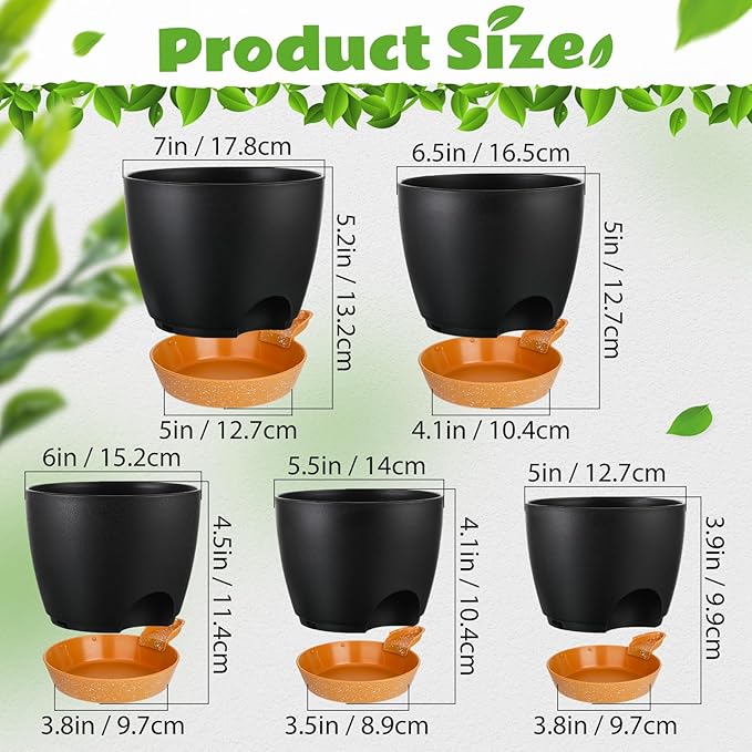 Remerry 15 Pcs 7/6.5/6/ 5.5/5 Inch Self Watering Planters with Drainage Hole Plant Pots Plastic Flower Pots Self Watering Pot and Saucer Reservoir for Garden Plant Flower(Black)