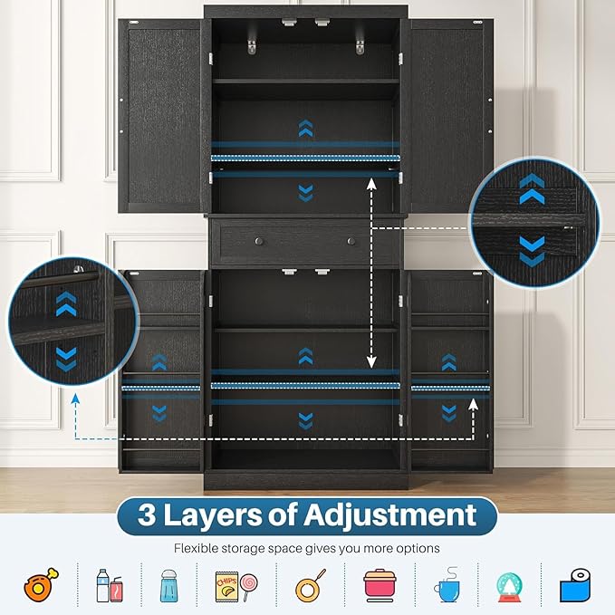 72" Tall Kitchen Pantry Cabinet, Black Pantry Storage Cabinet with Adjustable Shelves, Barn Doors and Drawer, Farmhouse Cupboard for Kitchen, Dining Room, Bathroom (16" D x 30" W x 72" H)