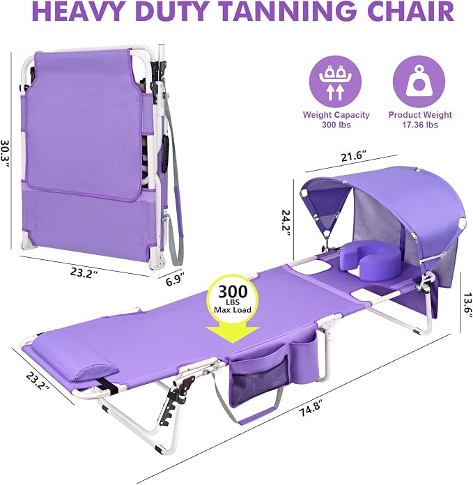 Tanning Chair with Sun Canopy Face Hole Softer Padded Adjustable Washable, Heavy Duty Layout Folding Lounge Chair for Adults Outside Beach Reading Sunbathing Poolside Lawn, UPF 50+ Sun Shade, 300 LBS