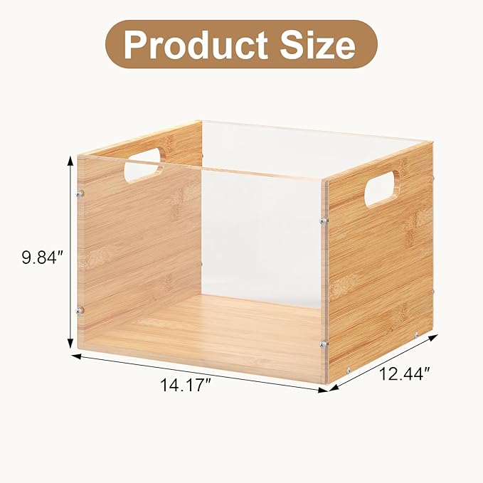Clear Acrylic File Box Organizer, Bamboo Hanging Folder Storage Boxes, Filing Crate Bin Holder with Handle for Home Office Desk, Letter Size