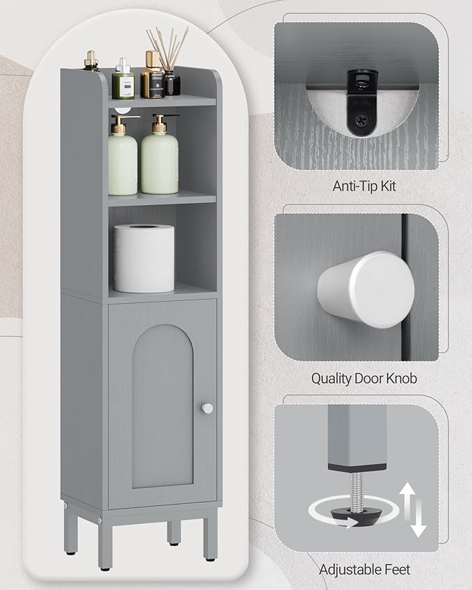 Bathroom Storage Cabinet, Small Corner Floor Cabinet with Door and Shelves, Narrow Toilet Paper Holder, Bathroom Organizer with Adjustable Shelf, for Small Spaces, Gray BC38221GR
