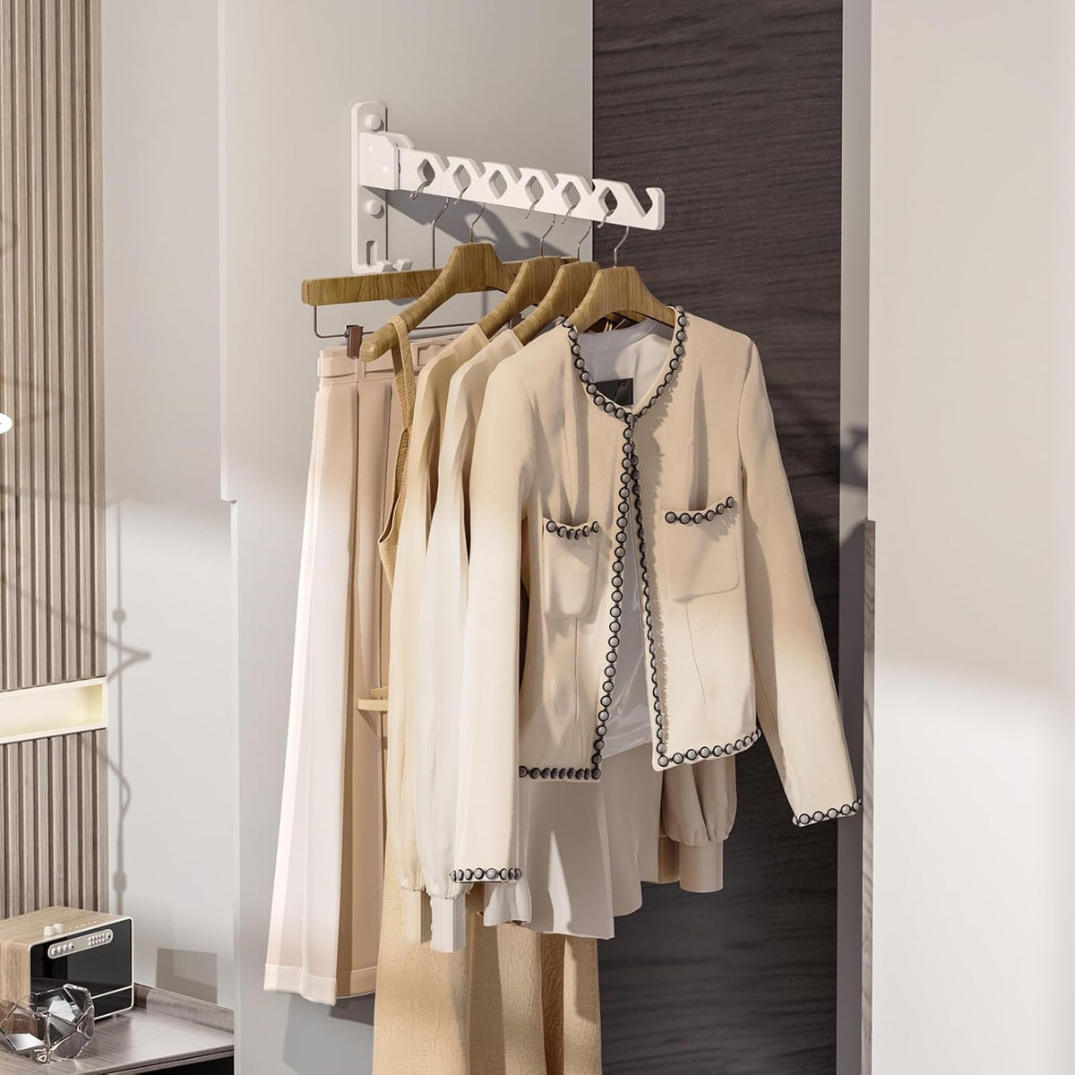 Dr.DJ Wall Mount Coat Hanger Holder White Clothes Drying Organizer Rack Garment Hooks Aluminium Retractable Folding Indoor Wall Mounted Hanger Space Saver for Laundry Room Bedroom White 2Pack