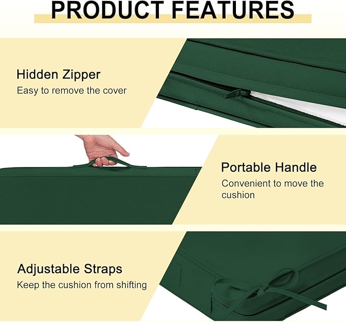 downluxe Waterproof Outdoor Chair Cushions Set of 4, 19" x 19" x 3" Patio Chair Cushion with Non-Slip Ties & Handle, Square Outdoor Cushion for Patio Furniture with Removable Cover, Forest Green