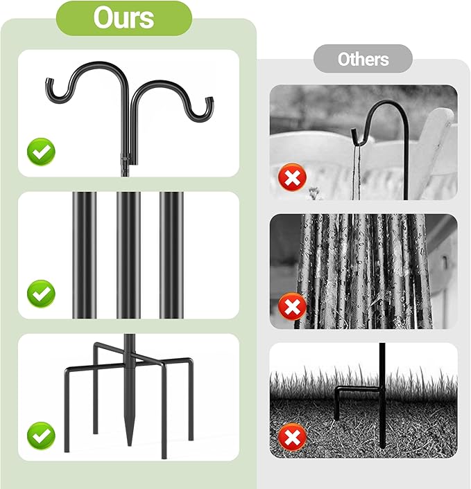 Double Shepherds Hooks for Outdoor, 60" Heavy Duty Bird Feeder Pole with 5 Prong Base, Adjustable Shepherds Hook for Bird feeders Outside, Garden, Weddings, Hanging Plants, 1 Pack, Black