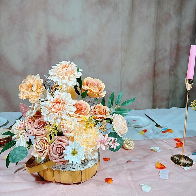 Artificial Flowers Combo Box Set 35pcs Silk Champagne Fake Rose, Peonies with Stem for DIY Wedding Cake Arch Bouquets Baby Bridal Shower Centerpieces Party Wall Home Decorations