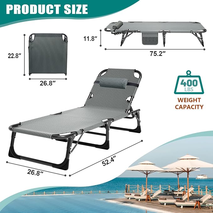DoCred Folding Lounge Chair, 5 Position Adjustable Folding Sleeping Bed Cot Chaise Lounge Chairs Perfect for Sunbathing, Camping, Pool, Beach, Patio