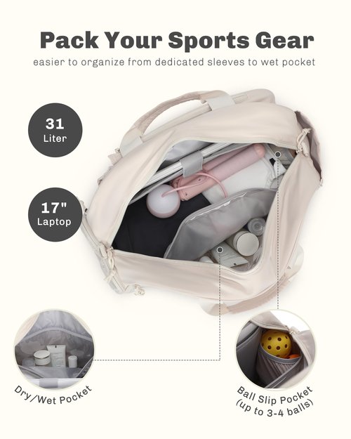 Hynes Eagle Pickleball Bag Tennis Gym Bag for Women Holds 2 Rackets with Shoe Compartment & Wet Pocket Sport Duffle Bag 17 inches Laptop Overnight Weekender Beige