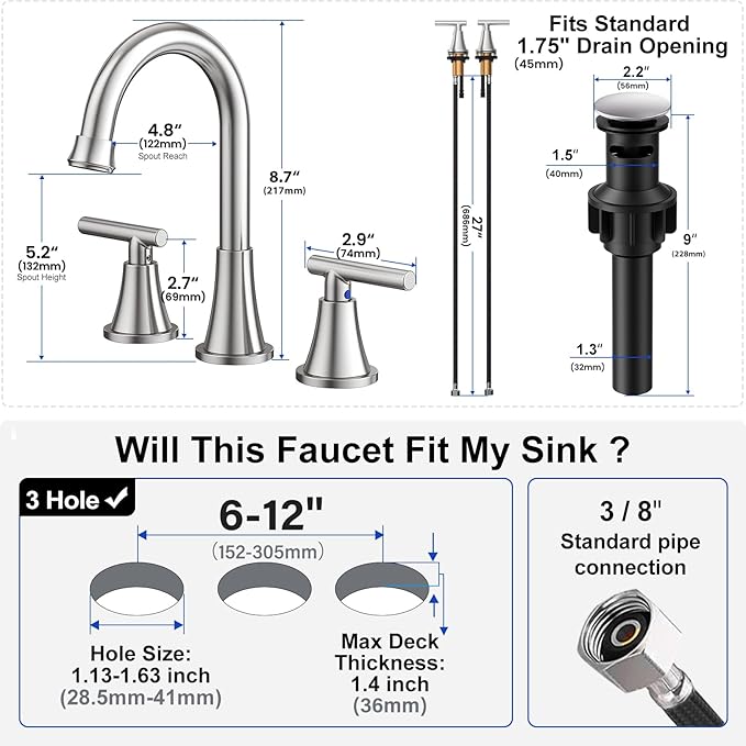 Bathroom Faucets for Sink 3 Hole, Hurran Brushed Nickel Bathroom Sink Faucet with Pop-up Drain and Supply Lines, Stainless Steel Lead-Free Widespread Faucet for Vanity RV, 2 Pack