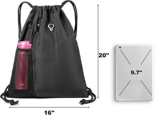 BeeGreen Large Black Drawstring Backpack | Versatile Gym Bag with Water Bottle Pocket & Zippered Front Pocket