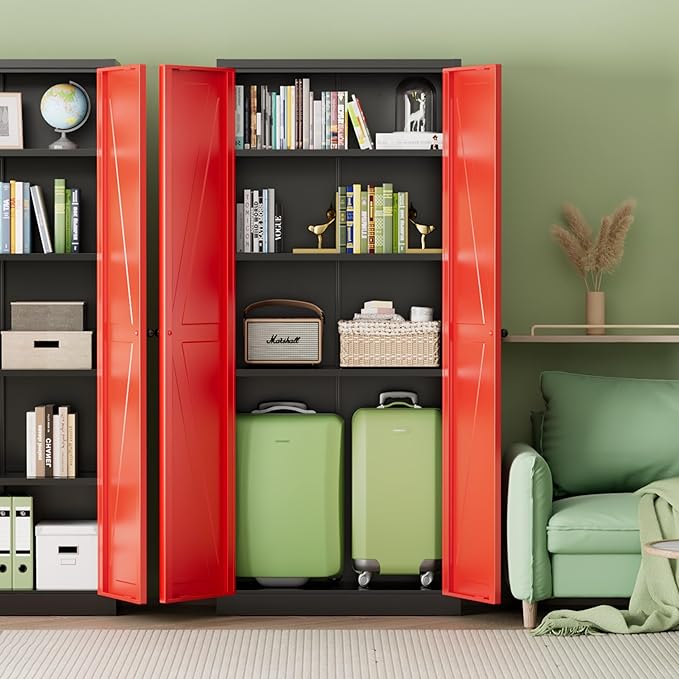 INTERGREAT Metal Storage Cabinet with Magnetic Doors, 63" H Modern Classic Style Metal Cabinets with 2 Doors and 4 Adjustable Shelves for Home Office, Kitchen, Bathroom (Black Red)
